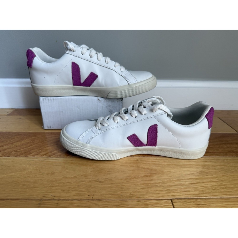 Veja Esplar White Leather Pink Logo Low Top Sneakers Women's US 5 EU 36 Comfort - Picture 2 of 7